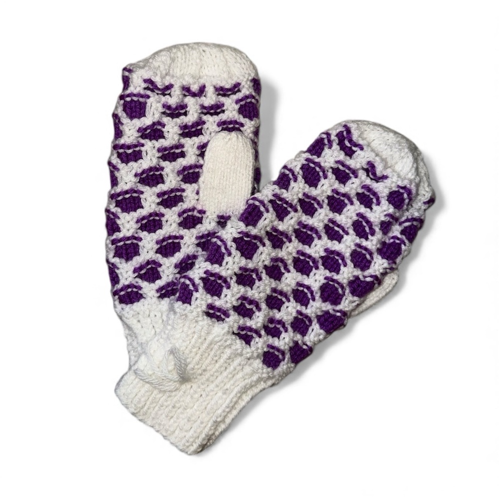 HAND KNIT Purple and White Knit Newfoundland Mittens